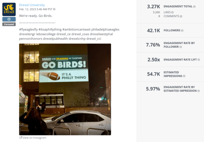 Drexel University's top carousel post received over 3.2K in total engagement and received 54.7K estimated impressions as seen in Rival IQ's social post analysis section.