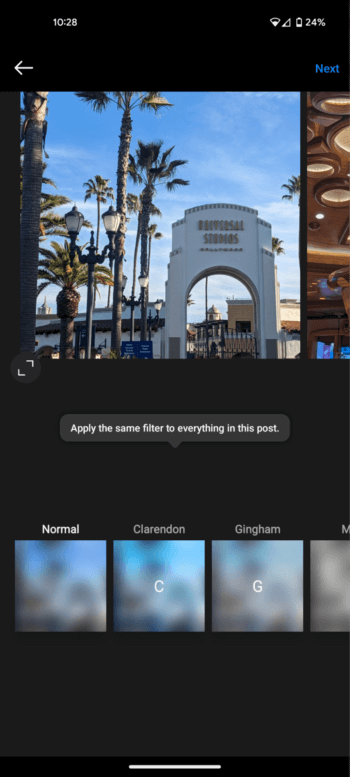 Available filter options to add to your Instagram carousel can be applied to enhance the look and feel of your post