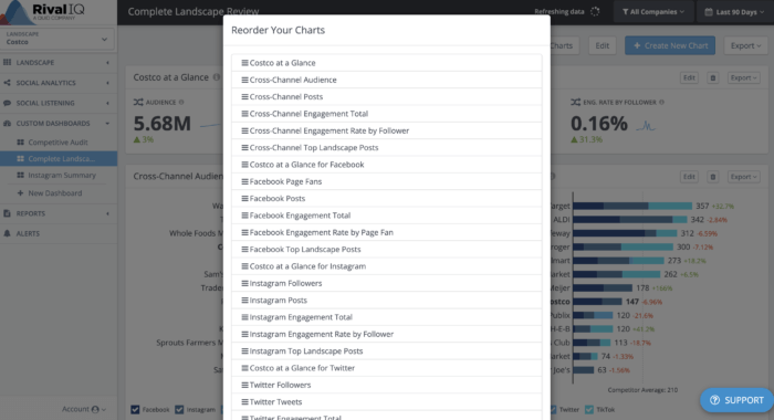 Modal to reorder charts in your custom social media dashbaord