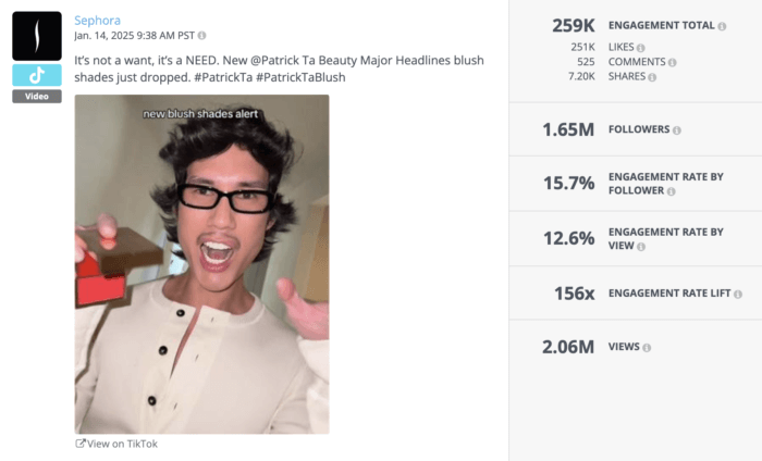 TikTok video promoting Patrick Ta blush launch with Sephora. 