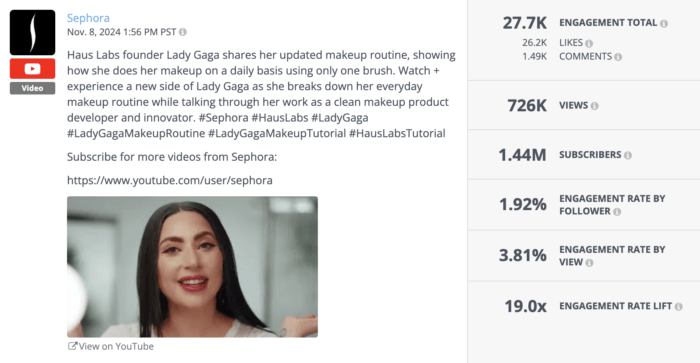 YouTube video featuring Lady Gaga sharing her makeup routine with Sephora