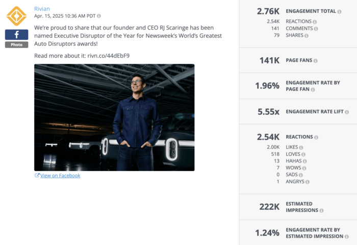 Rivian Facebook post announcing CEO RJ Scaringe’s award