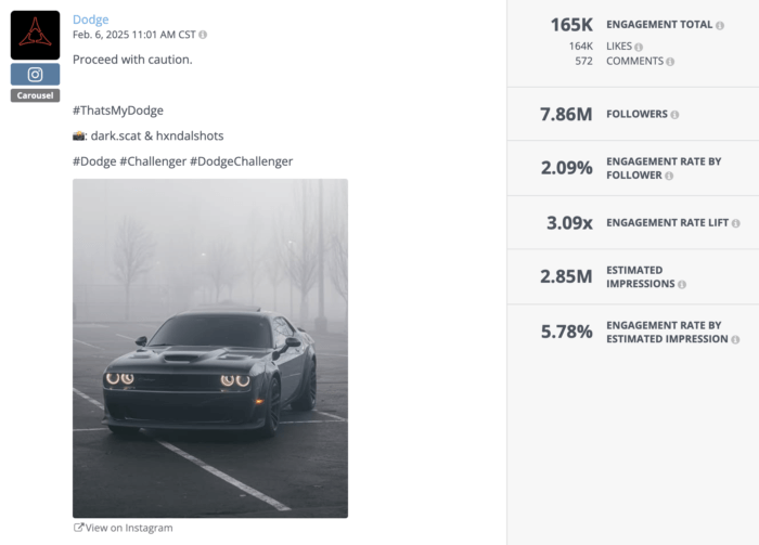 Dodge Instagram carousel post with a striking photo of a Challenger in a foggy parking lot