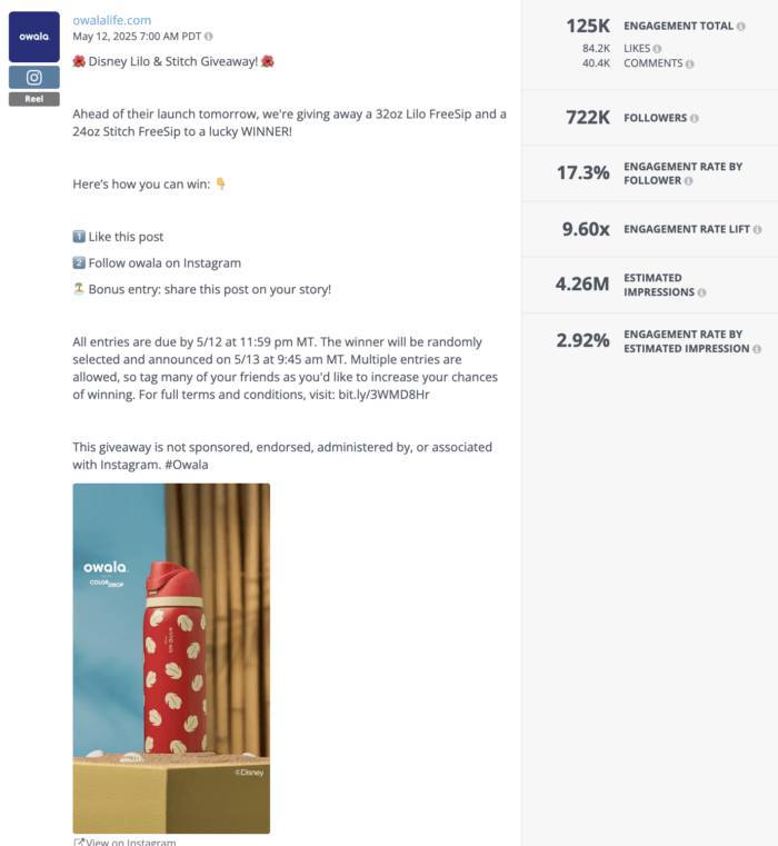 Owala promotes a Disney Lilo & Stitch-themed giveaway as part of their social media contest, featuring a red 32oz Lilo FreeSip bottle with white floral prints.