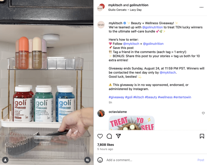 Instagram post for a joint MyKitsch and Goli Nutrition social media contest, featuring a giveaway of wellness products. Visual shows Kitsch deodorant and Goli supplement bottles on an organizer shelf. Post includes contest rules and hashtags like #giveaway and #entertowin, aiming to drive engagement through entries and shares.