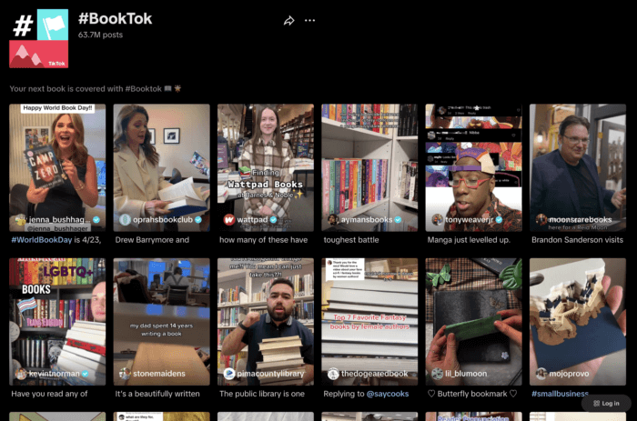 A TikTok grid showing trending #BookTok videos, including creators at Barnes & Noble stores, highlighting the viral influence of Barnes and Noble BookTok on popular reading culture