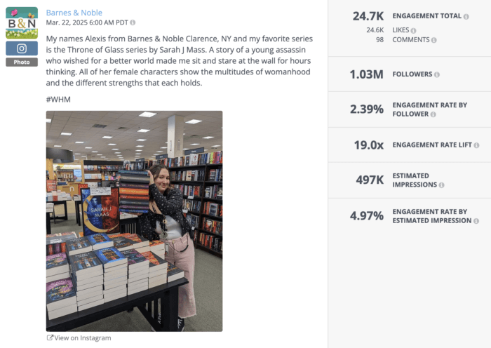 A Barnes & Noble employee named hugging a tall stack of Sarah J. Maas books in-store, representing personal stories shared on Barnes and Noble BookTok for Women’s History Month