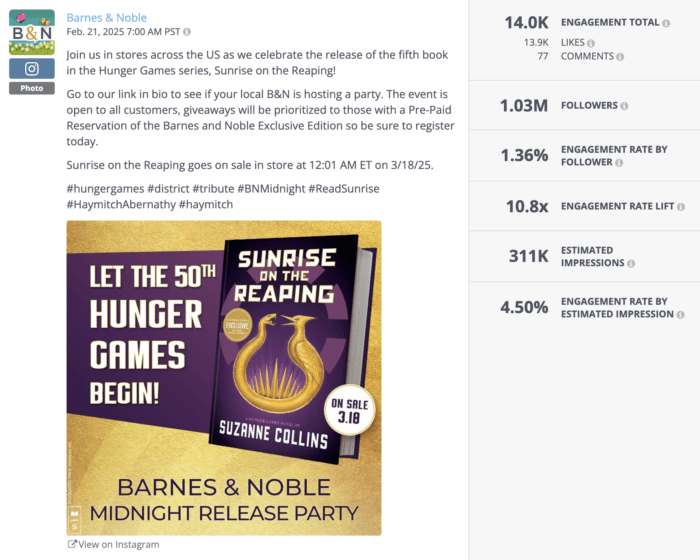 Barnes & Noble promotional graphic for the midnight release of Sunrise on the Reaping, part of the Hunger Games series