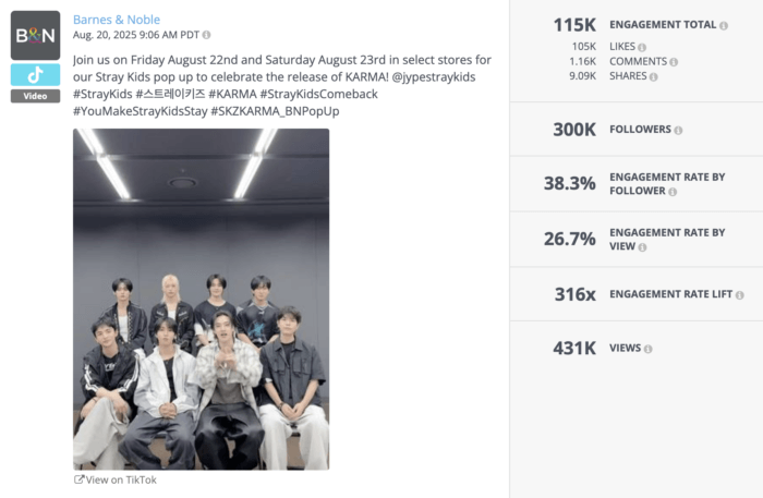 The K-pop group Stray Kids posing in a TikTok video promoting their exclusive pop-up at Barnes & Noble, an event that gained traction through Barnes and Noble BookTok engagement