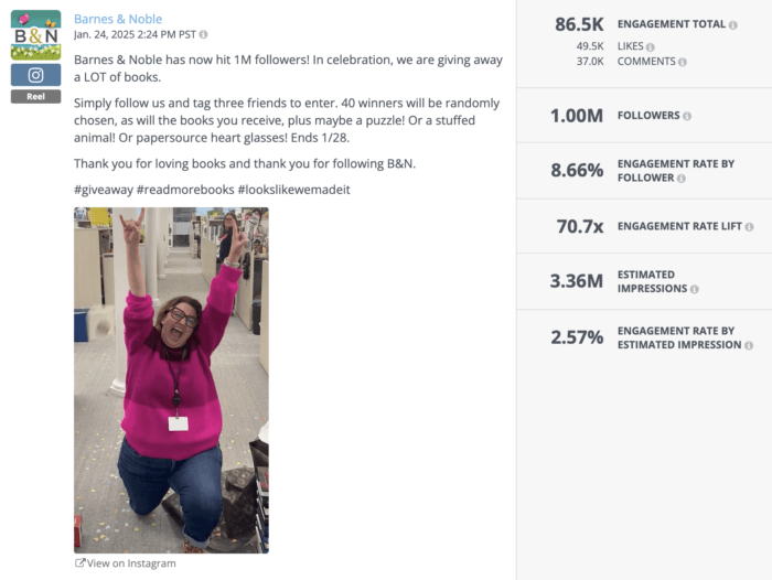 A joyful Barnes & Noble employee kneeling and cheering in an office space, celebrating the company reaching one million followers—part of a Barnes and Noble BookTok giveaway campaign